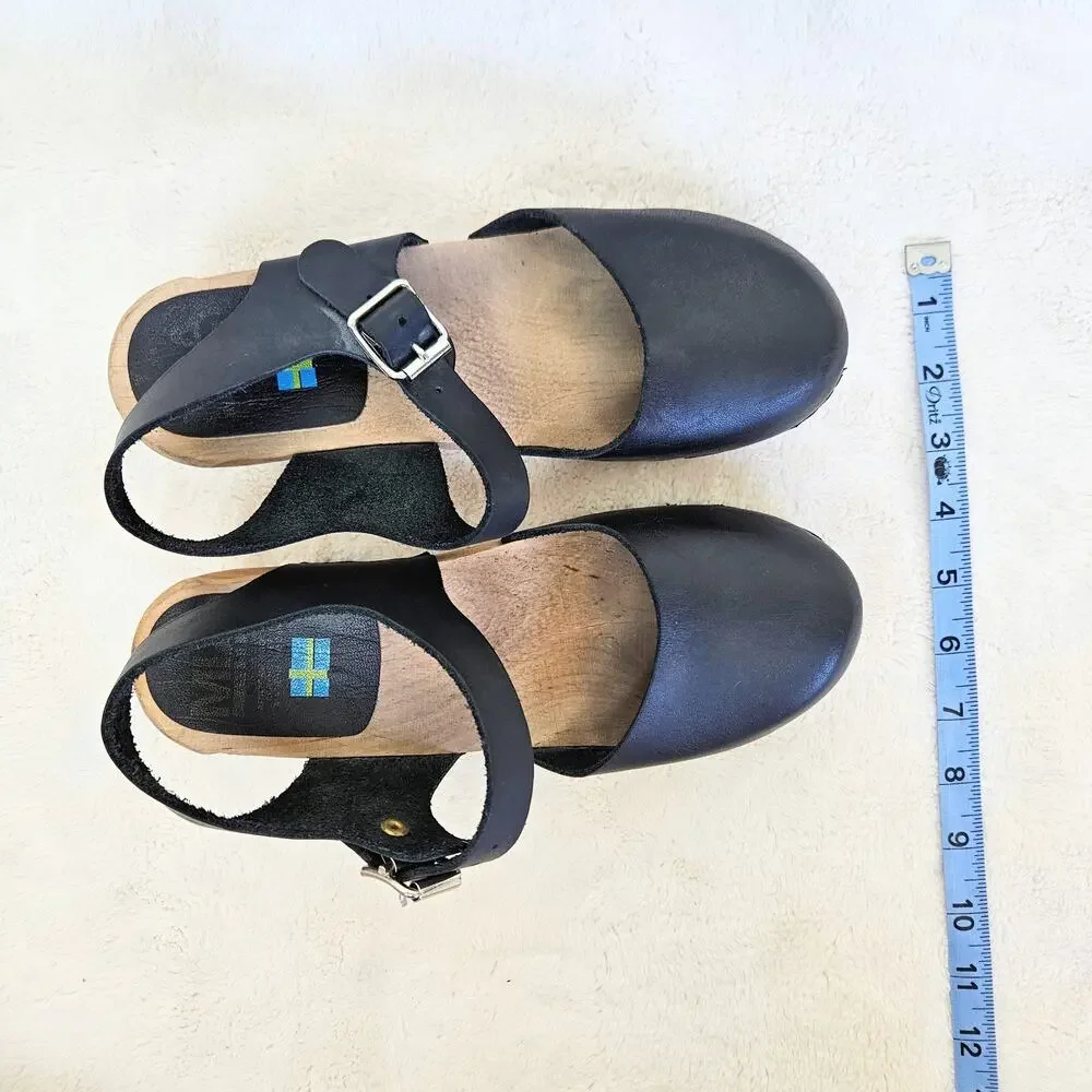 Mia Abba Wood Swedish Clog Platform Sandals Black Leather Size EU 38 US 7.5/8 - Picture 8 of 8